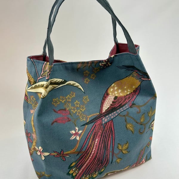 Handmade Chinoiserie Bird Print Cotton Tote, Market Shopper