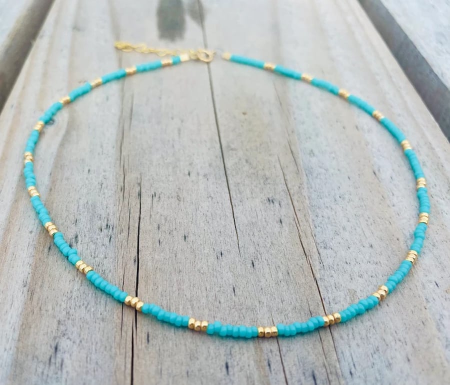 Turquoise and Gold Seed Bead Choker Necklace 