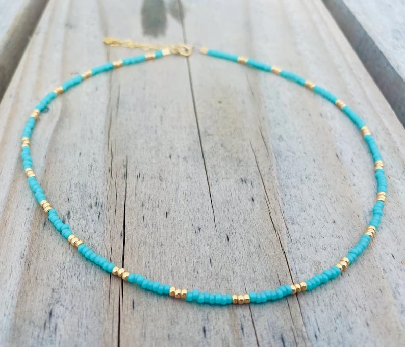 Turquoise and Gold Seed Bead Anklet  