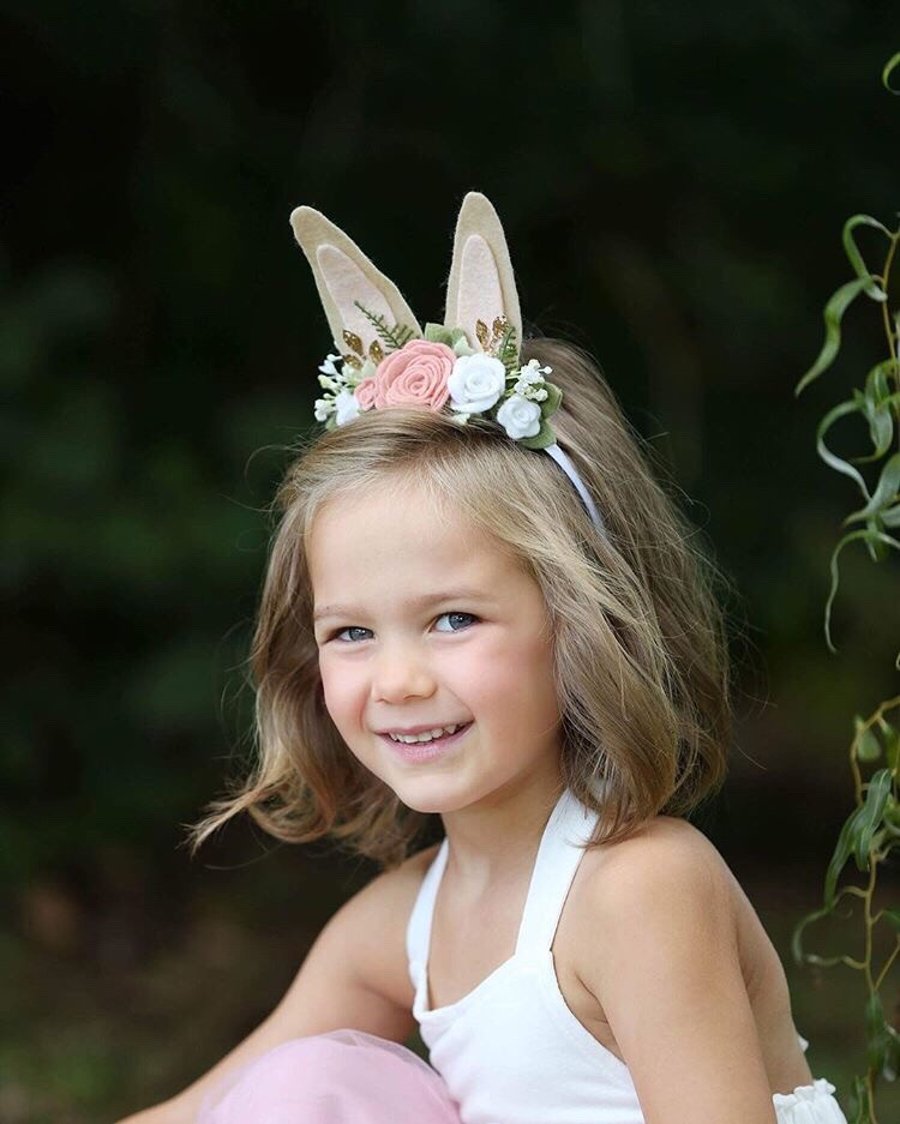 FREE SHIPPING - Bunny Ears Headband, Rabbit Ears felt flowers, Spring Headband