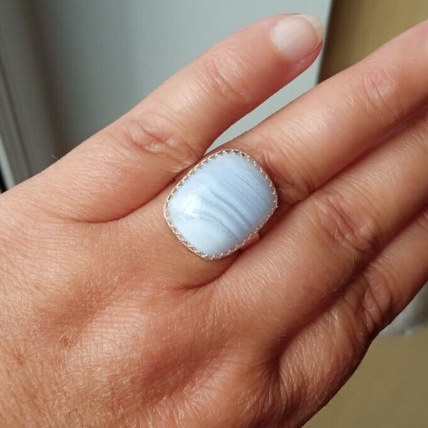 Blue Lace Agate Adjustable Ring Sterling Silver Handmade Jewellery Gift in Box