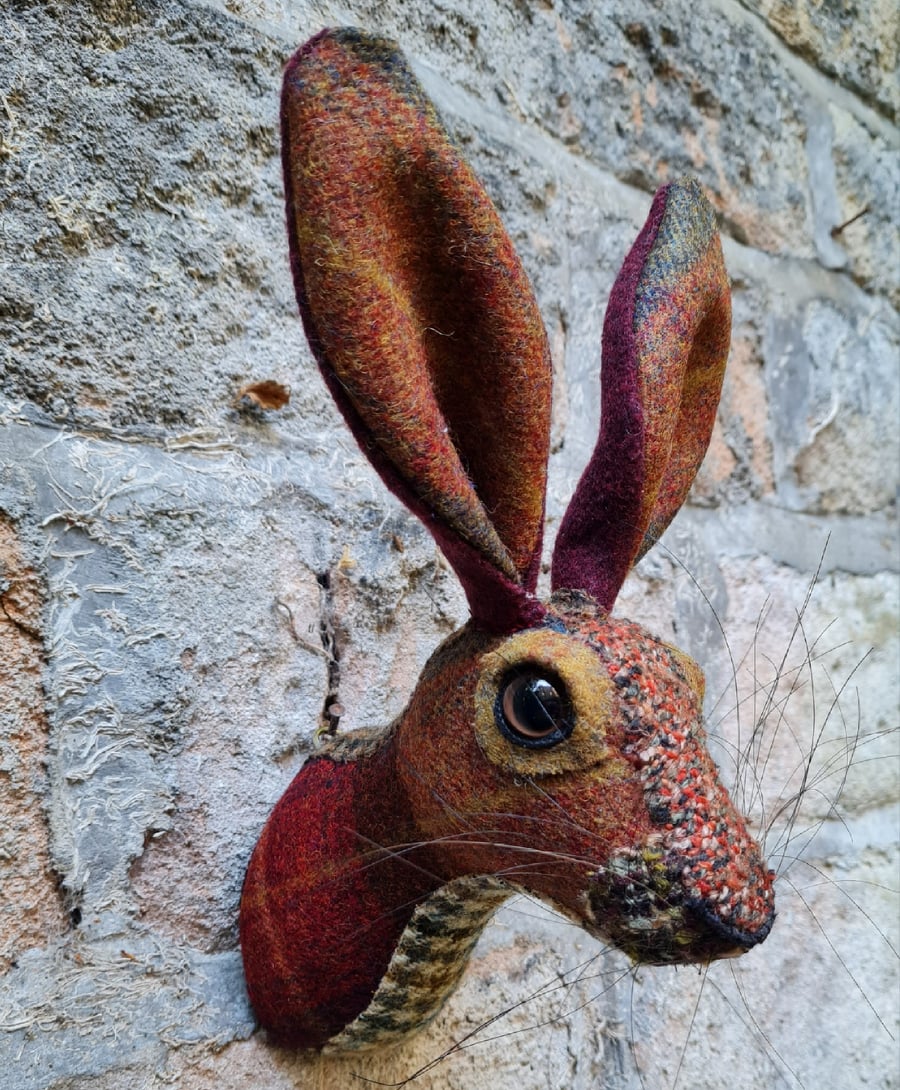Mr Hamilton - Faux hare head in checked Abraham Moon wool by Crafted Creatures