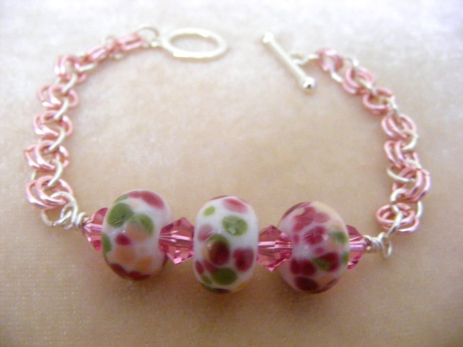 Chery Blossom Lampwork, Crystal and Chainmaille Bracelet.