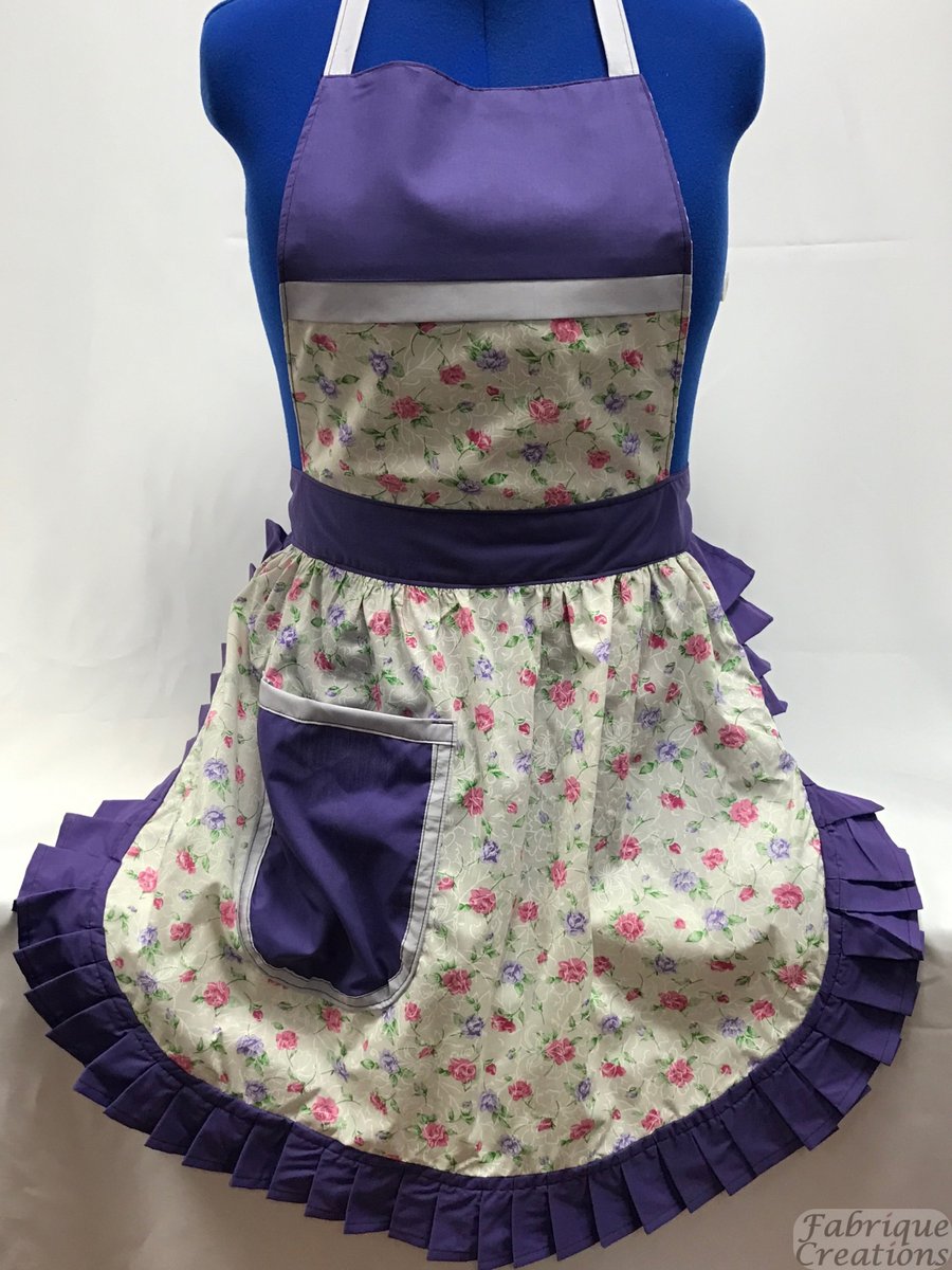 Vintage 50s Style Full Apron Pinny - Ivory with Pink & Purple Flowers & Purple 