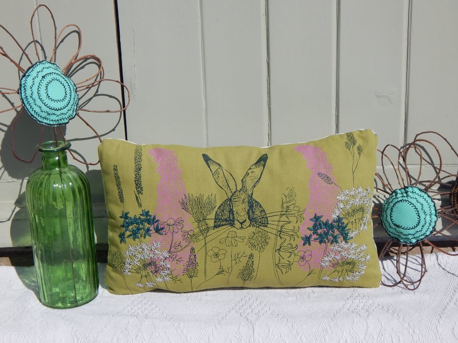 Hare and Wild flower Cotton Canvas Cushion  Screen printed