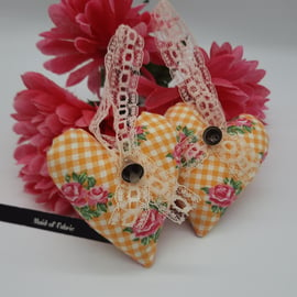 Heart hanger pair in yellow check and pink roses 