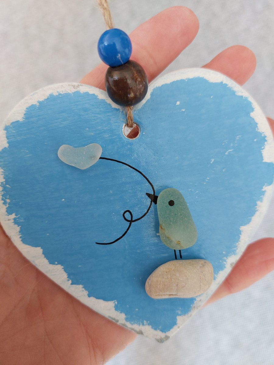 9cm Hand Painted Heart, Sea Glass Decoration, Bird, Heart, Thank You Gift