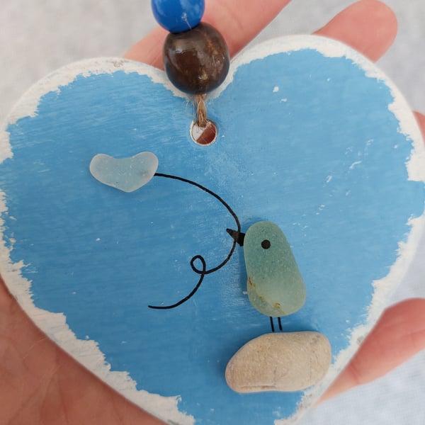 9cm Hand Painted Heart, Sea Glass Decoration, Bird, Heart, Thank You Gift
