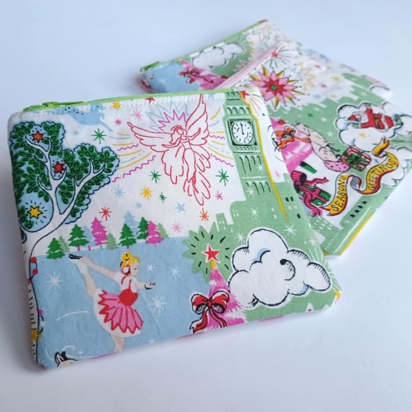 Christmas zipped purse - Pink tree, Santa or Skater, upcycled fabric