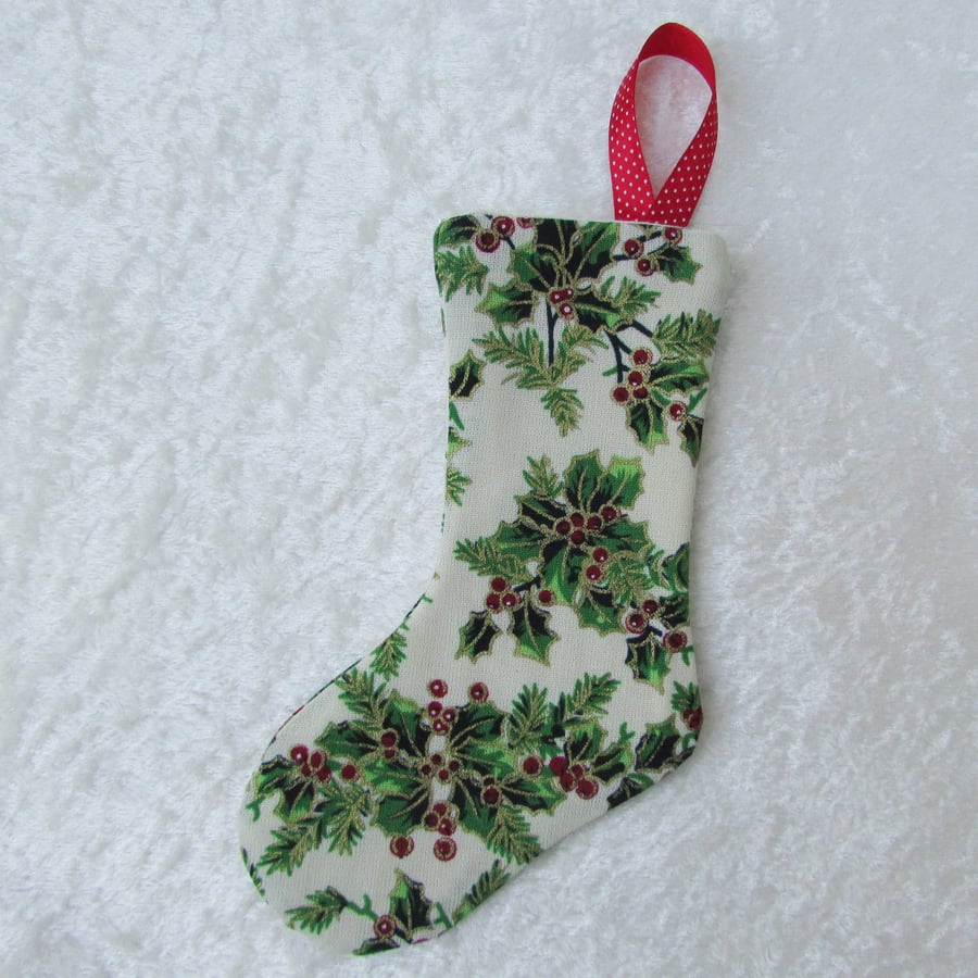 Small cream and green holly print Christmas stocking tree decoration