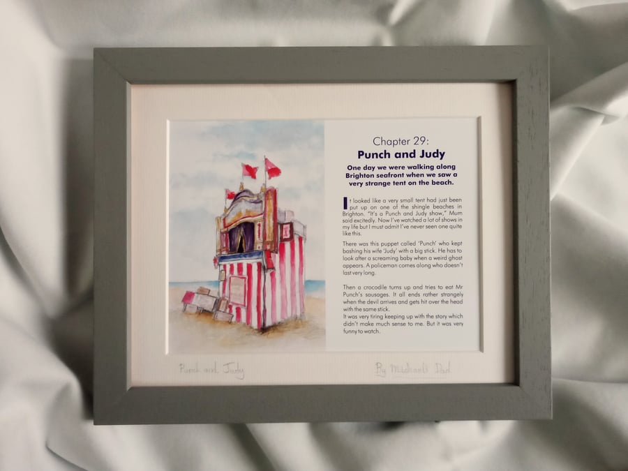 original hand painted watercolour print of a punch and Judy show Weymouth