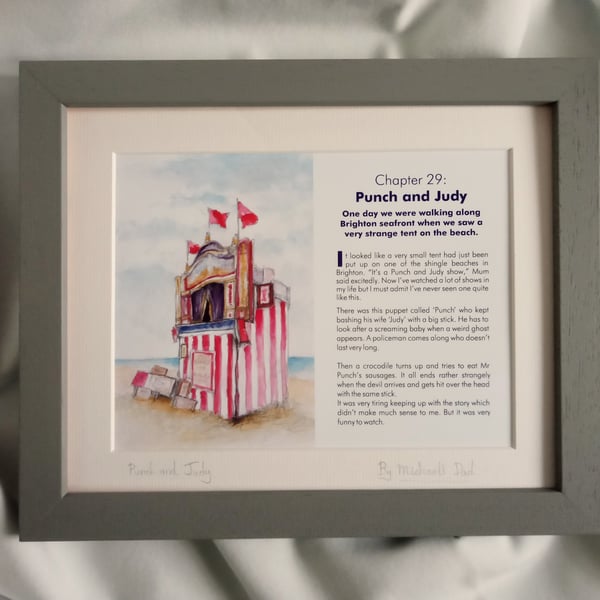 original hand painted watercolour print of a punch and Judy show Weymouth