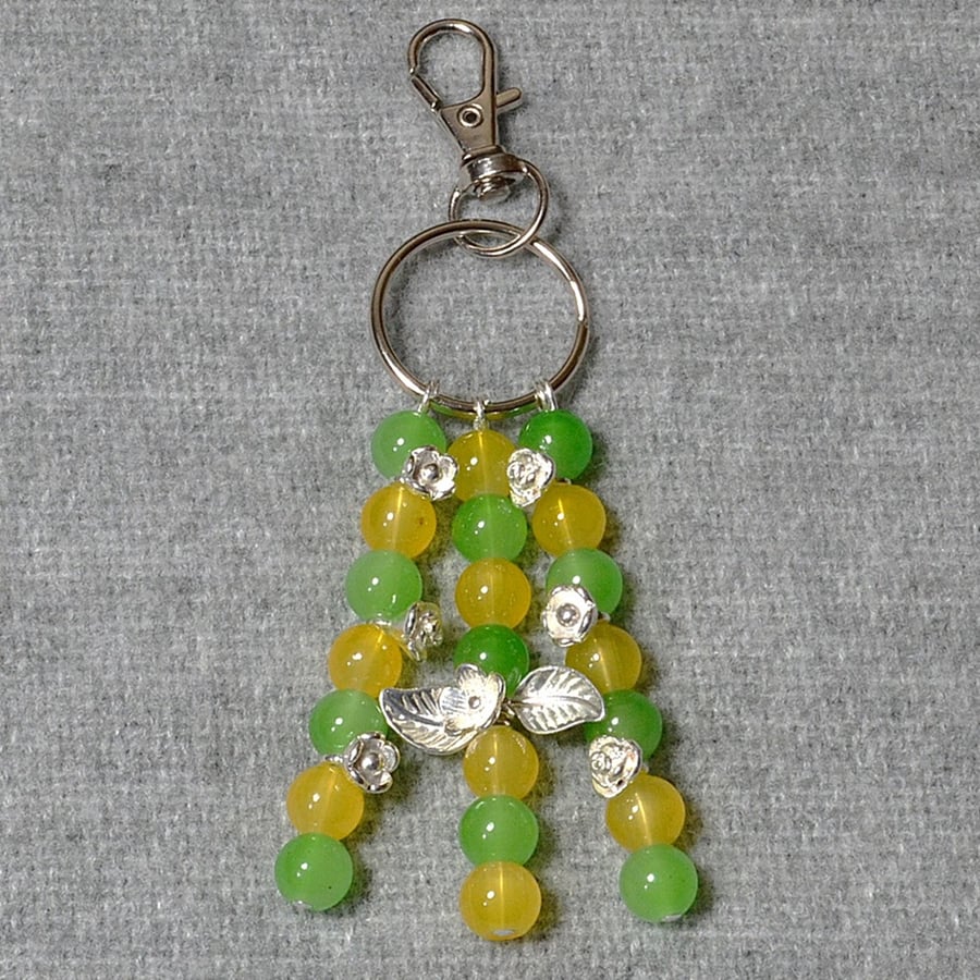 Bag Charm – Yellow and Light Green Glass Bead and Silver Flower Triple Dangle