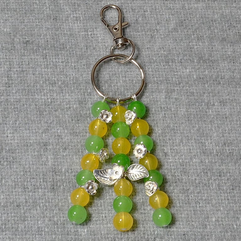 Bag Charm – Yellow and Light Green Glass Bead and Silver Flower Triple Dangle