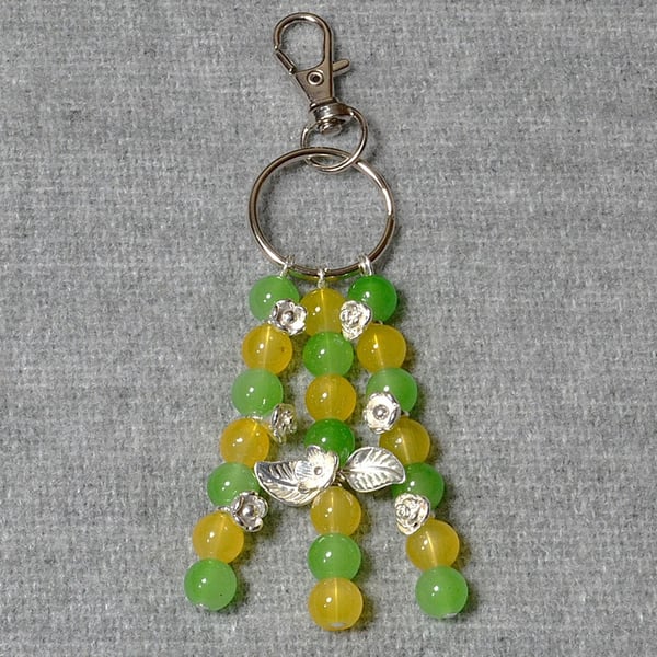 Bag Charm – Yellow and Light Green Glass Bead and Silver Flower Triple Dangle