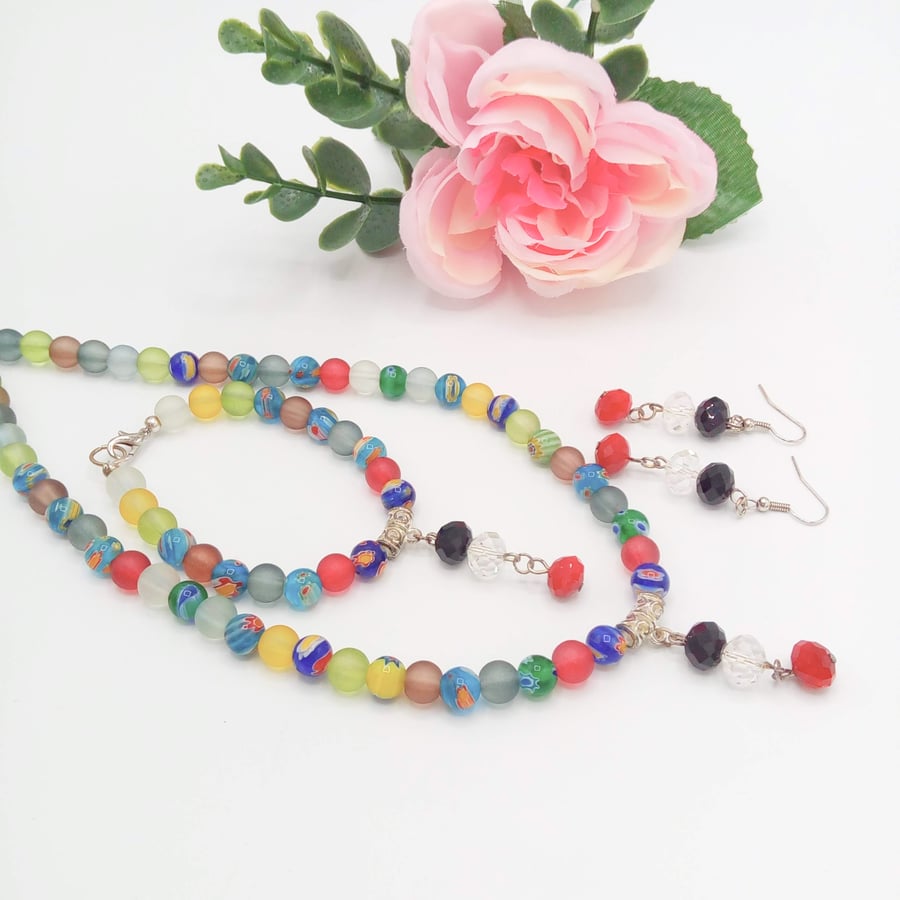 Millefiori Dusky Glass Beads and Crystals in a Rainbow of Colours Jewellery Set 