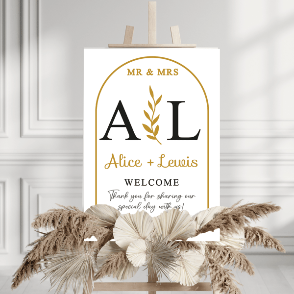 Wedding Poster Gold Arch and Leaf Wedding Welcome Sign Initials and Date Gloss
