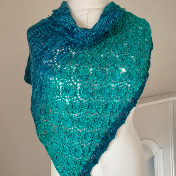 Teal and blue dotty triangular shawl