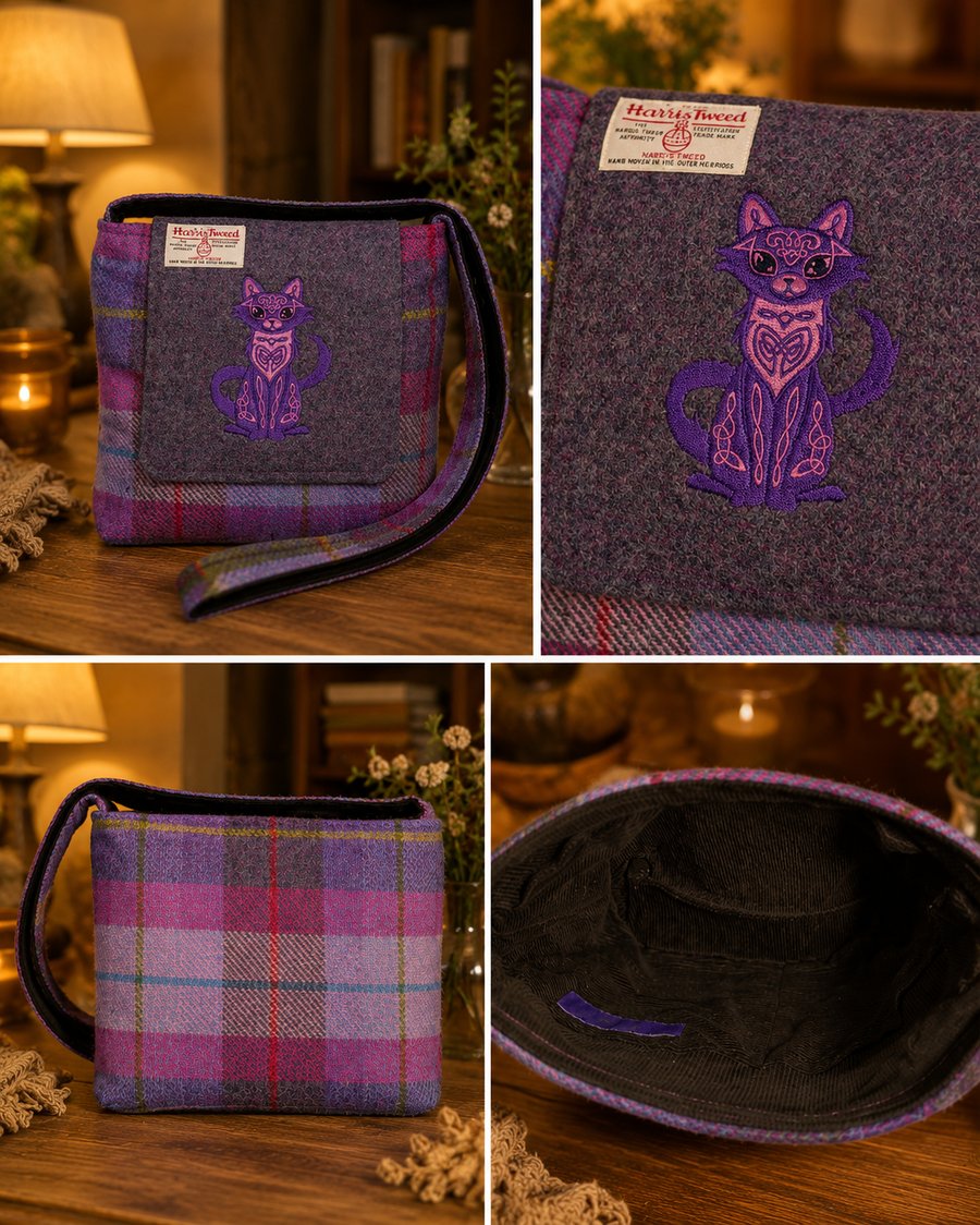 Harris tweed Crossbody Bag with Celtic Cat