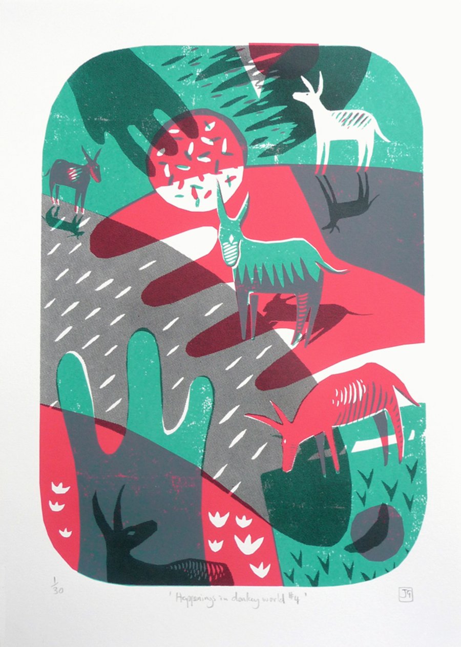 Happenings in Donkey World No.4 3-colour A3 screen print