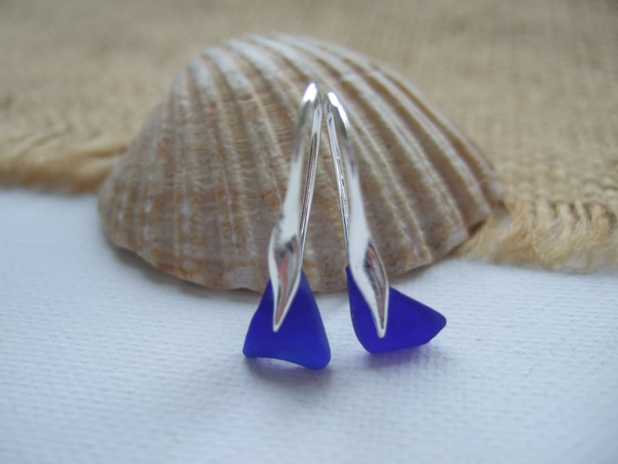 Scottish blue sea glass earrings, sterling silver blue sea glass jewelry, cobalt