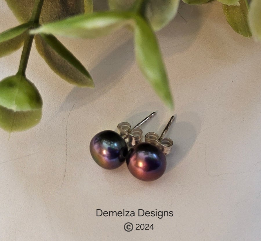 Peacock Button Freshwater Culture Pearl Stud Sterling Silver Earrings 