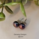 Peacock Button Freshwater Culture Pearl Stud Sterling Silver Earrings 
