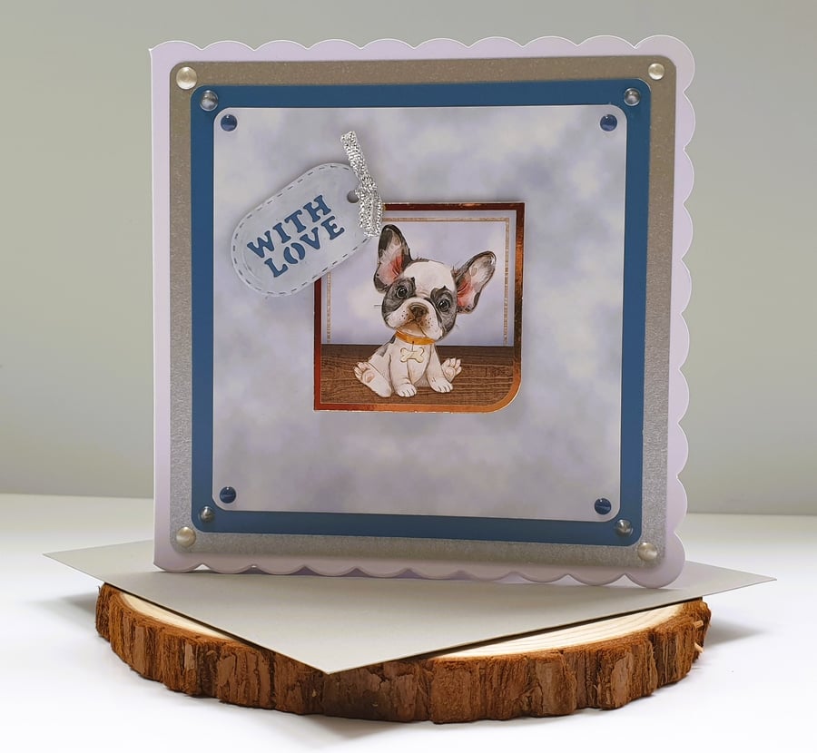 "With Love" Square Card, French Bulldog, Petrol Blue & Silver-Grey, Blank Insert