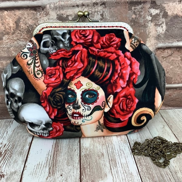 Day of the Dead small fabric frame clutch bag, Handmade