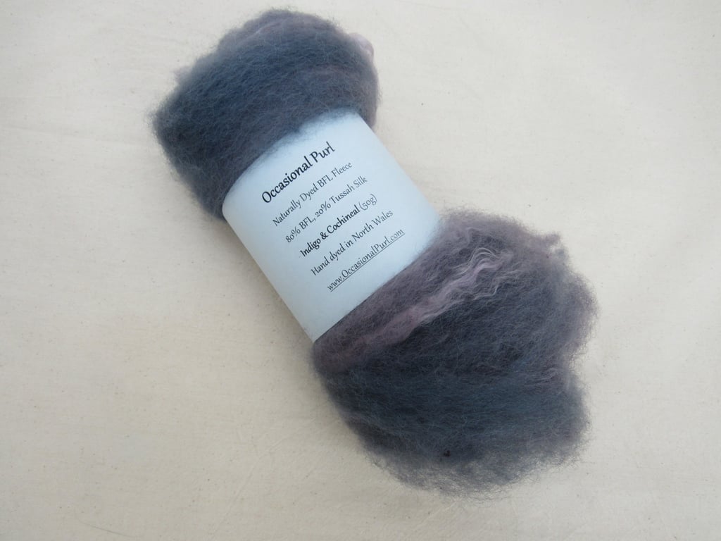 50g Indigo Purple Naturally Dyed BFL and Silk Wool Batt