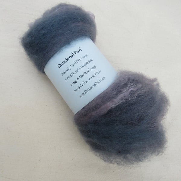50g Indigo Purple Naturally Dyed BFL and Silk Wool Batt