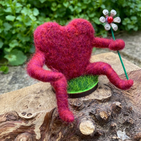 Heart Hug, needle felted red heart hug with flower