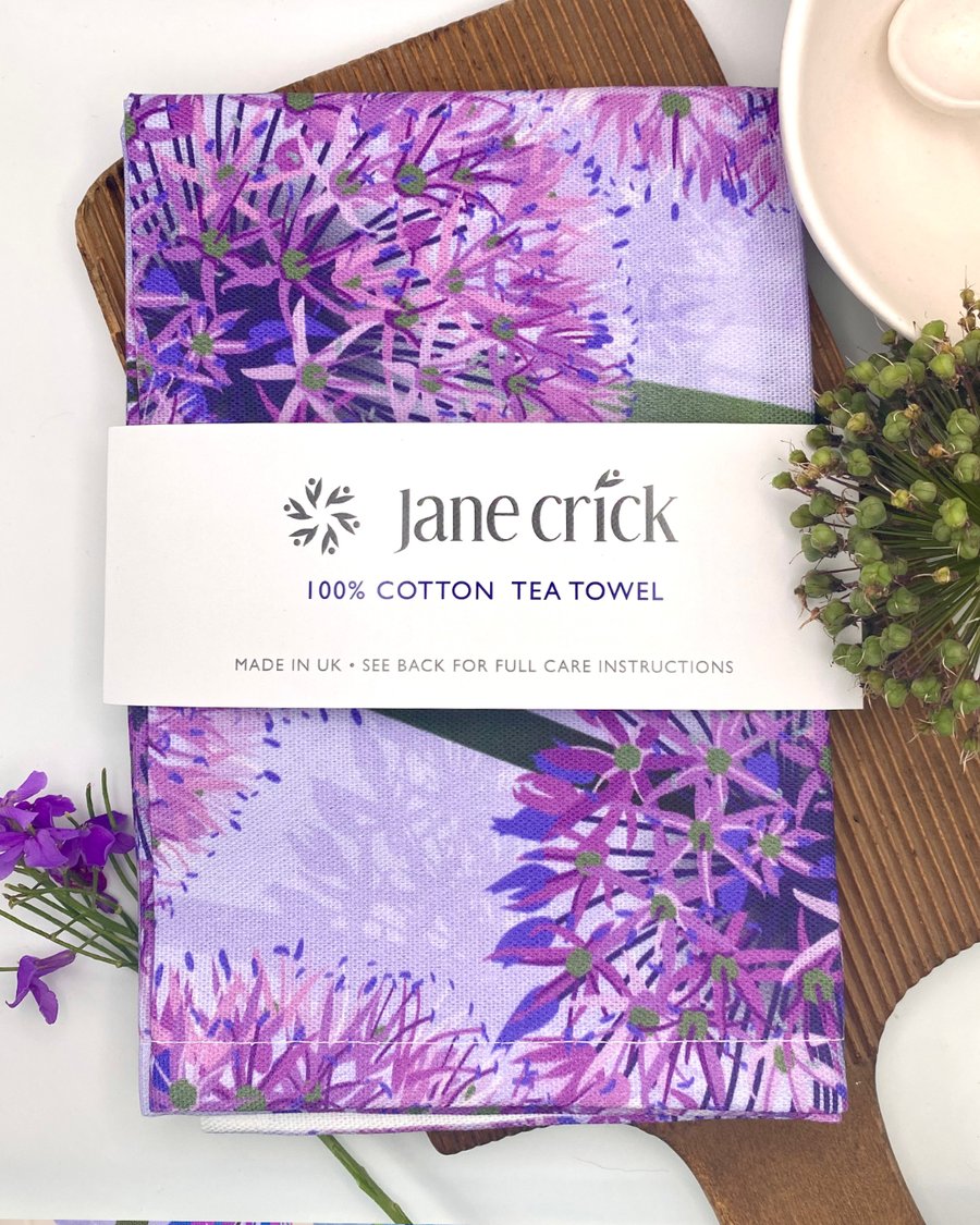 Purple Allium Cotton Tea Towel - Cottage Core Kitchen Art Gift