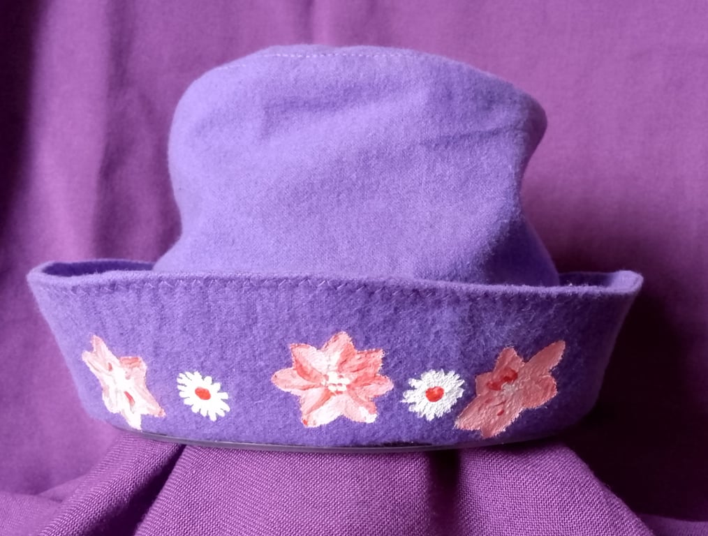 Purple children's hat, hand painted flowers, age 6-12
