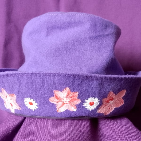 Purple children's hat, hand painted flowers, age 6-12