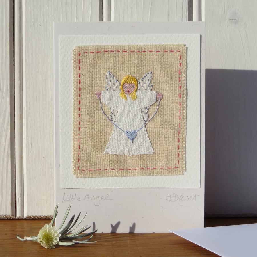 Little Angel hand-stitched card, pretty and delicate, new baby or anytime