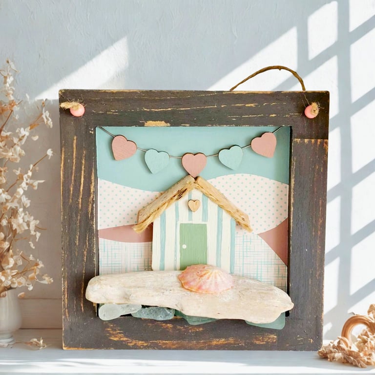 Sea Glass Beach Hut Wall Art, Driftwood Coastal Hanging, Handmade Seaside Decor