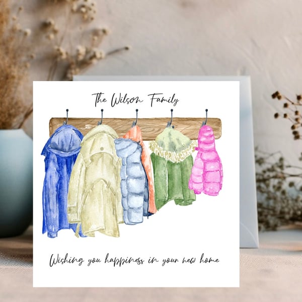  New Home Card Personalised with names and dates - Coats for the family