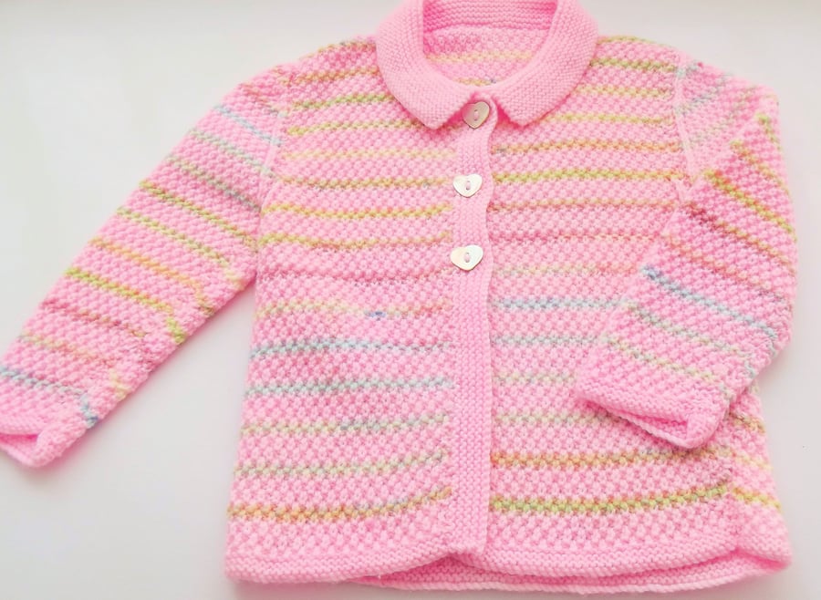 Babies Handknitted Jacket Cardigan, Pink and Pastel, 3 to 6 monthes, hm46
