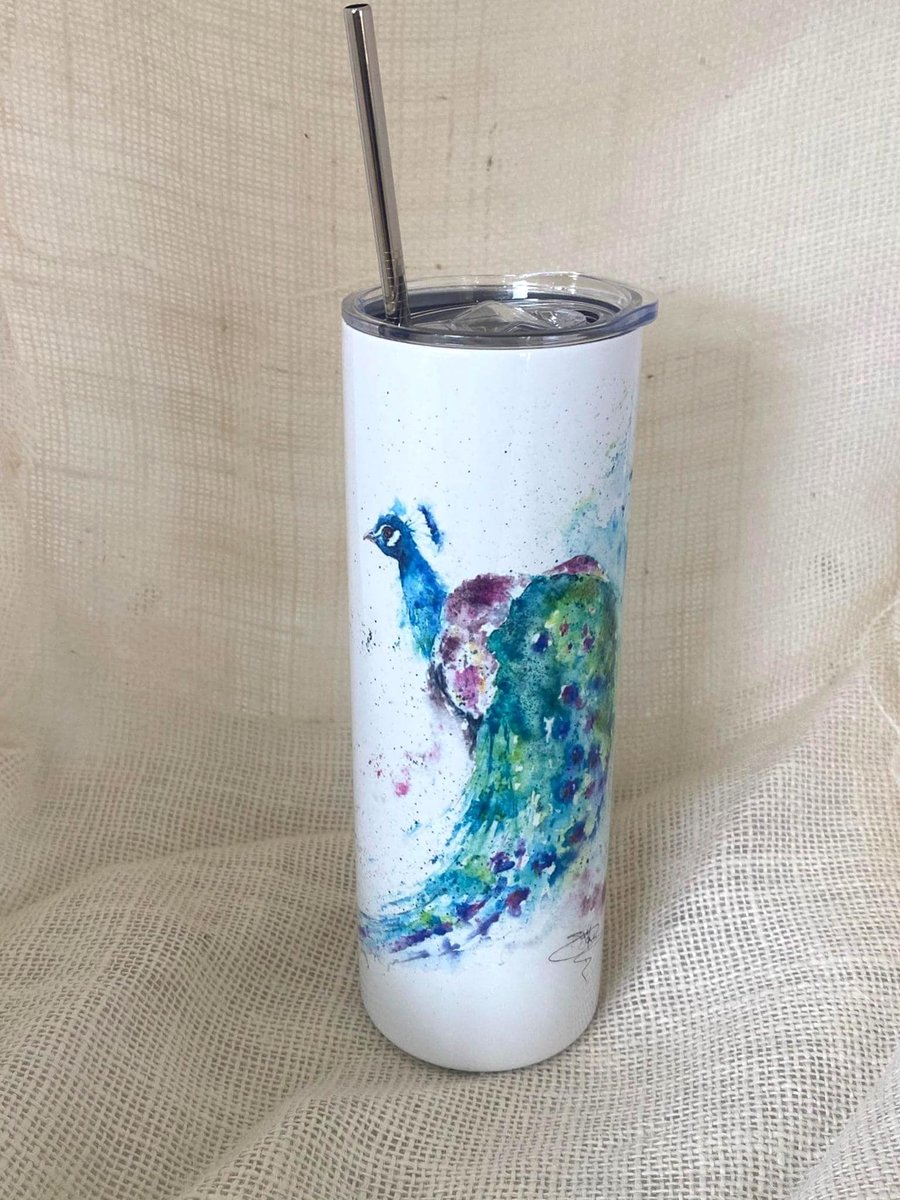 Peacock Watercolour Tumbler. 20oz Vacuum-Insulated Stainless Steel Travel Cup, w