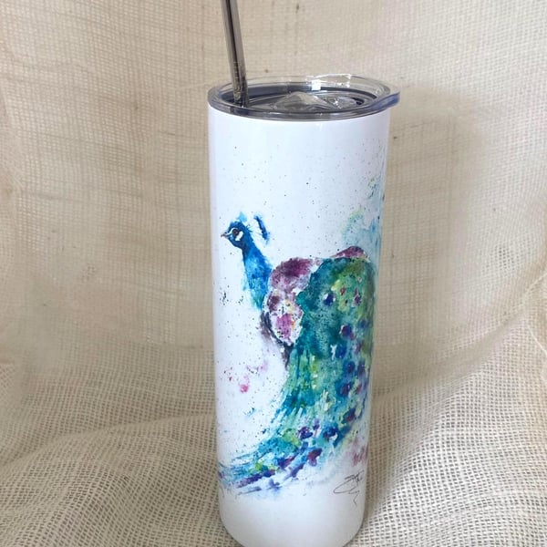 Peacock Watercolour Tumbler. 20oz Vacuum-Insulated Stainless Steel Travel Cup, w