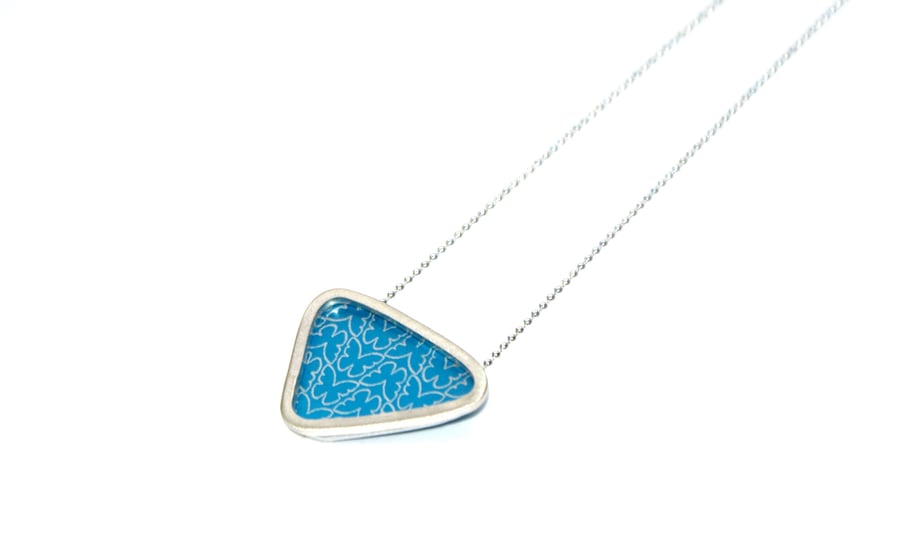 Silver and blue triangle necklace - butterfly pattern