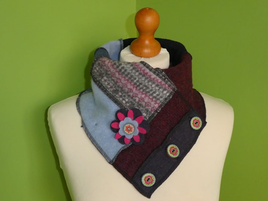 Neck Warmer Scarf with 3 button Trim. Upcycled Cowl. Felt Flower .No 2