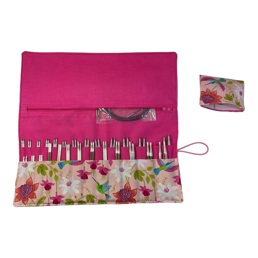 Interchangeable knitting needle case with floral hummingbird, holds 2 sets,