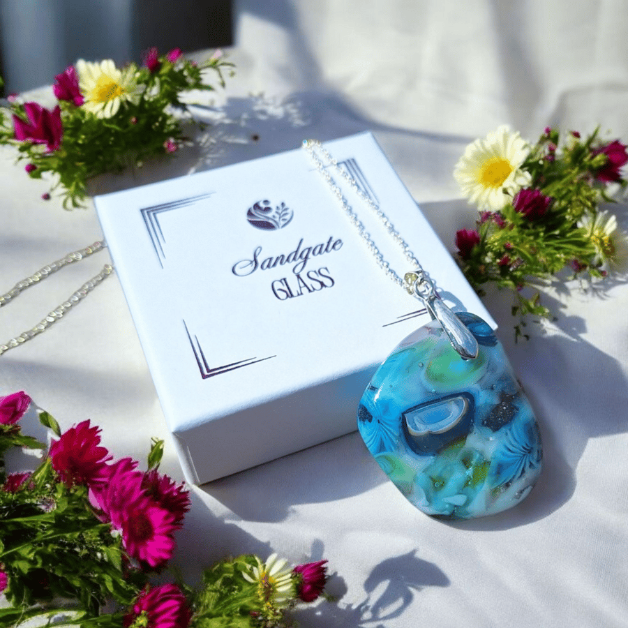 Blue and Green Fused Glass Pendant Necklace – Gift Boxed