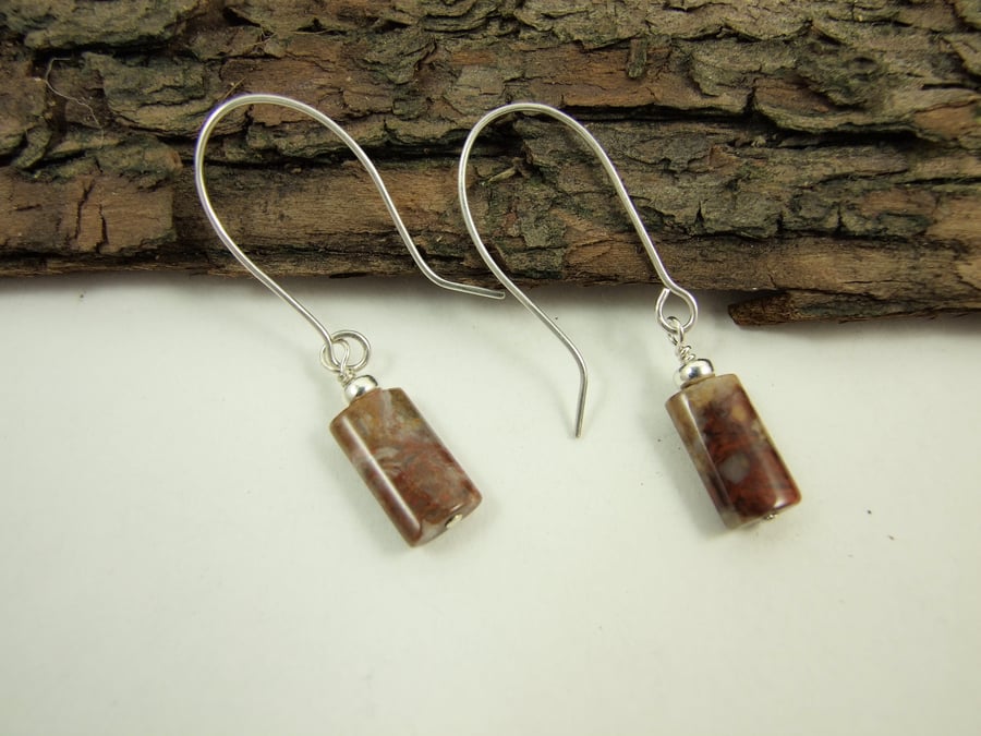 Earrings, Sterling Silver Long Drop Crazy Agate, Red Orange and Earth Tones