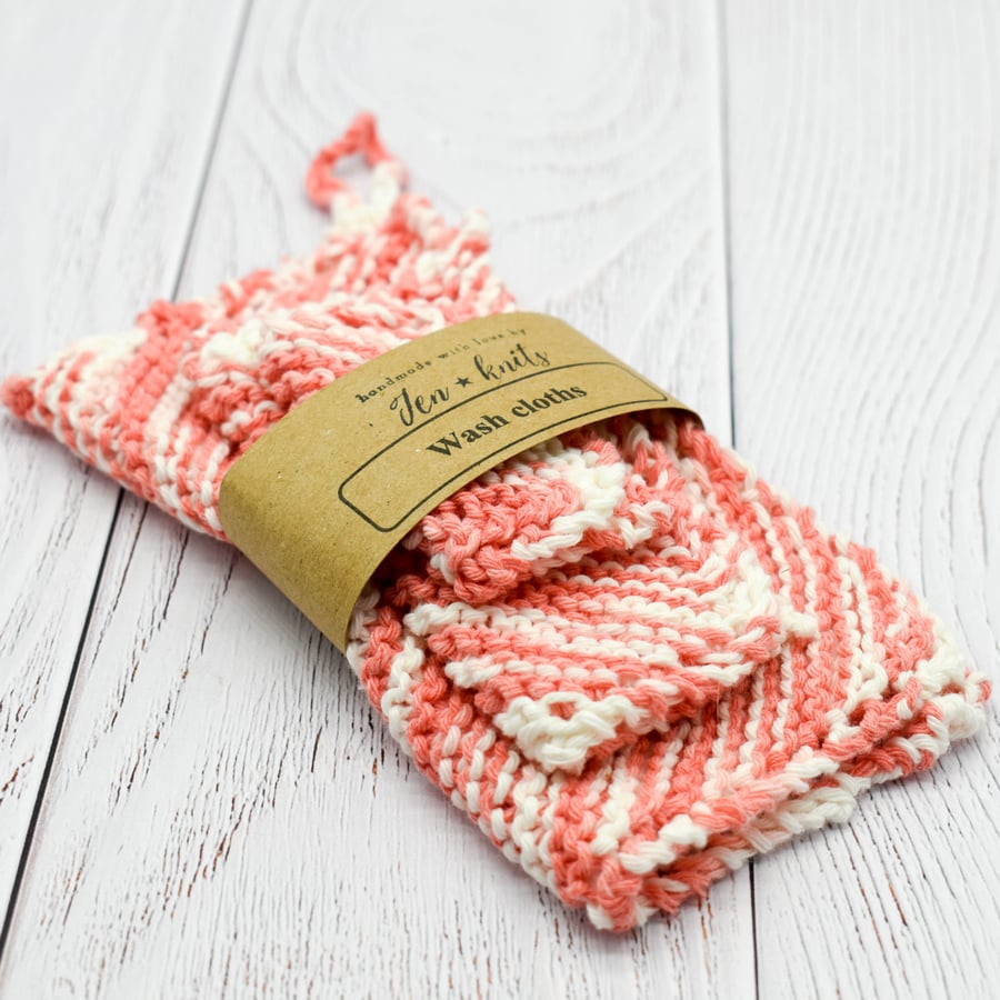 Hand knitted cotton wash cloths - 3 pack - S, M & L- Pink and White