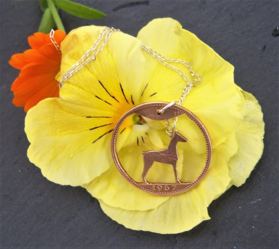 Hound dog pendant recycled from bronze penny coin