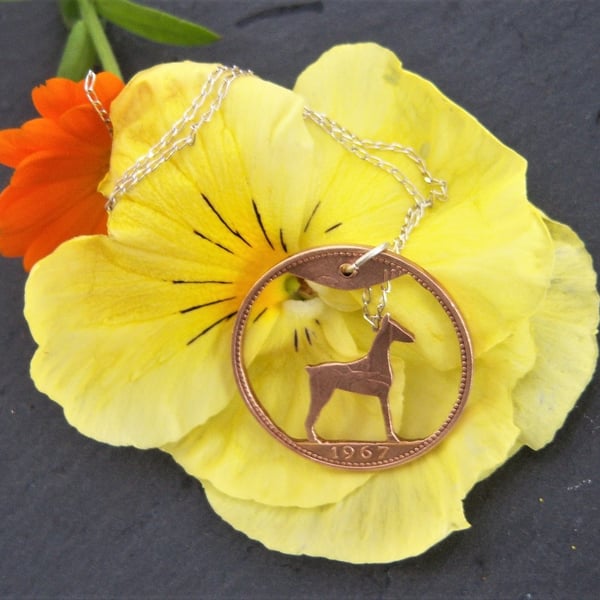 Hound dog pendant recycled from bronze penny coin