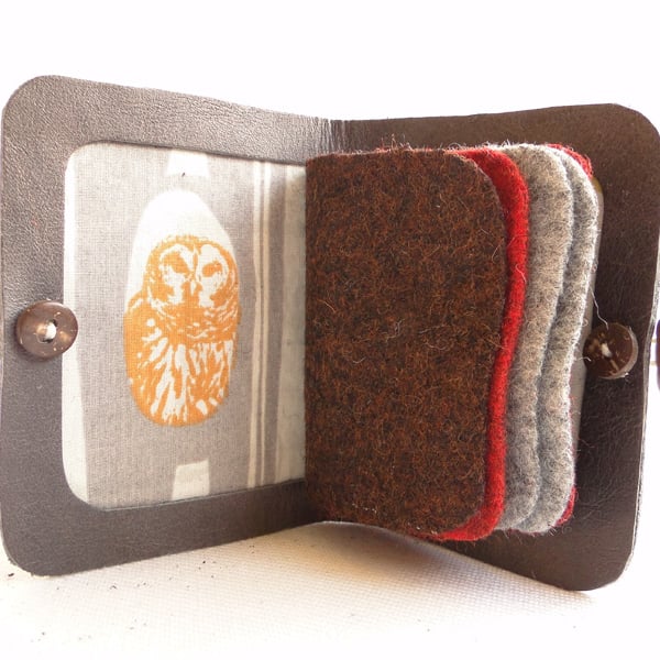 Needle Case in Brown Leather - Owl Fabric Interior - Needle Book